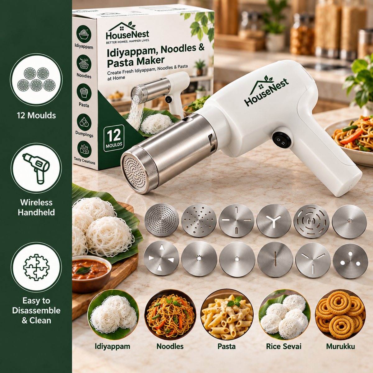 HouseNest 12-Mould Electric Idiyappam, Noolappam, Murukku, Noodles & Pasta Maker